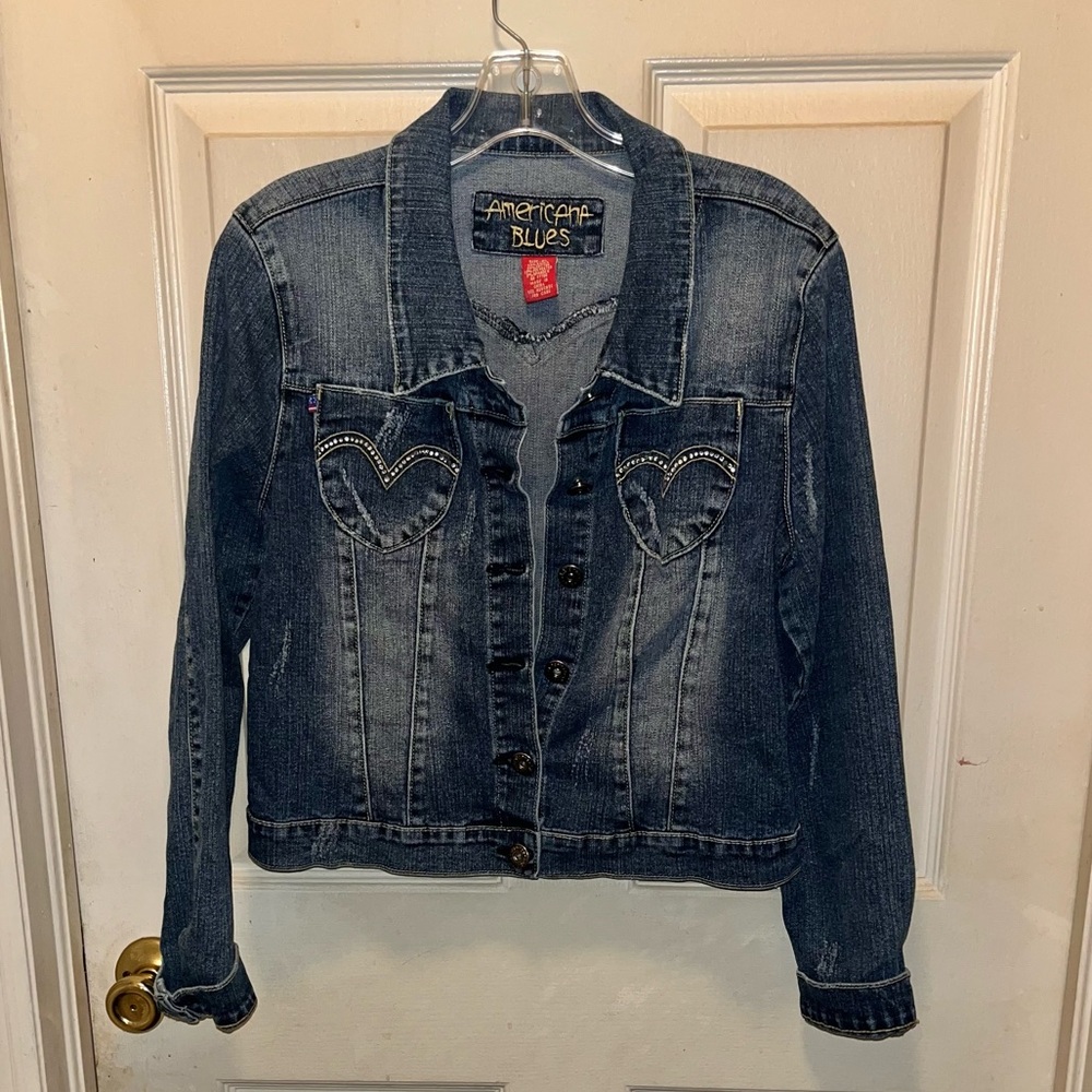 AMERICANA BLUES Women’s Distressed Long Sleeve Denim Jean Jacket. Sz XL.